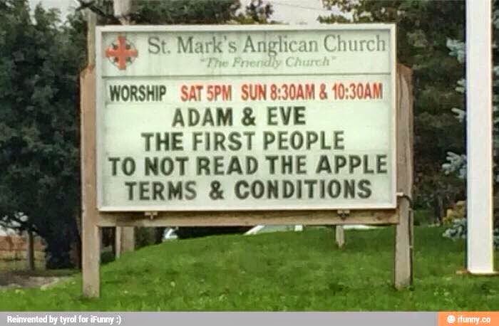 Adam and Eve - the first people to not read the Apple terms and conditions  - Christian Funny Pictures - A time to laugh